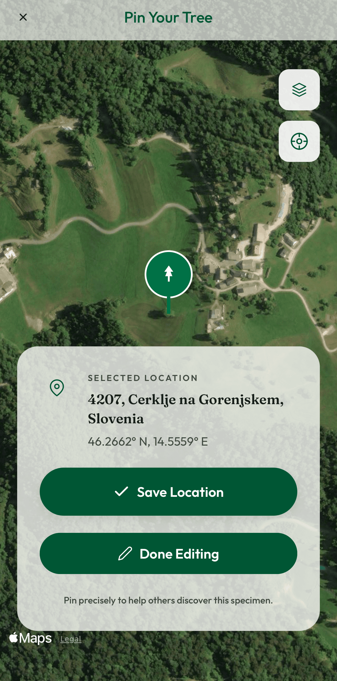 Pinning a tree on the community map in the Sylvo app