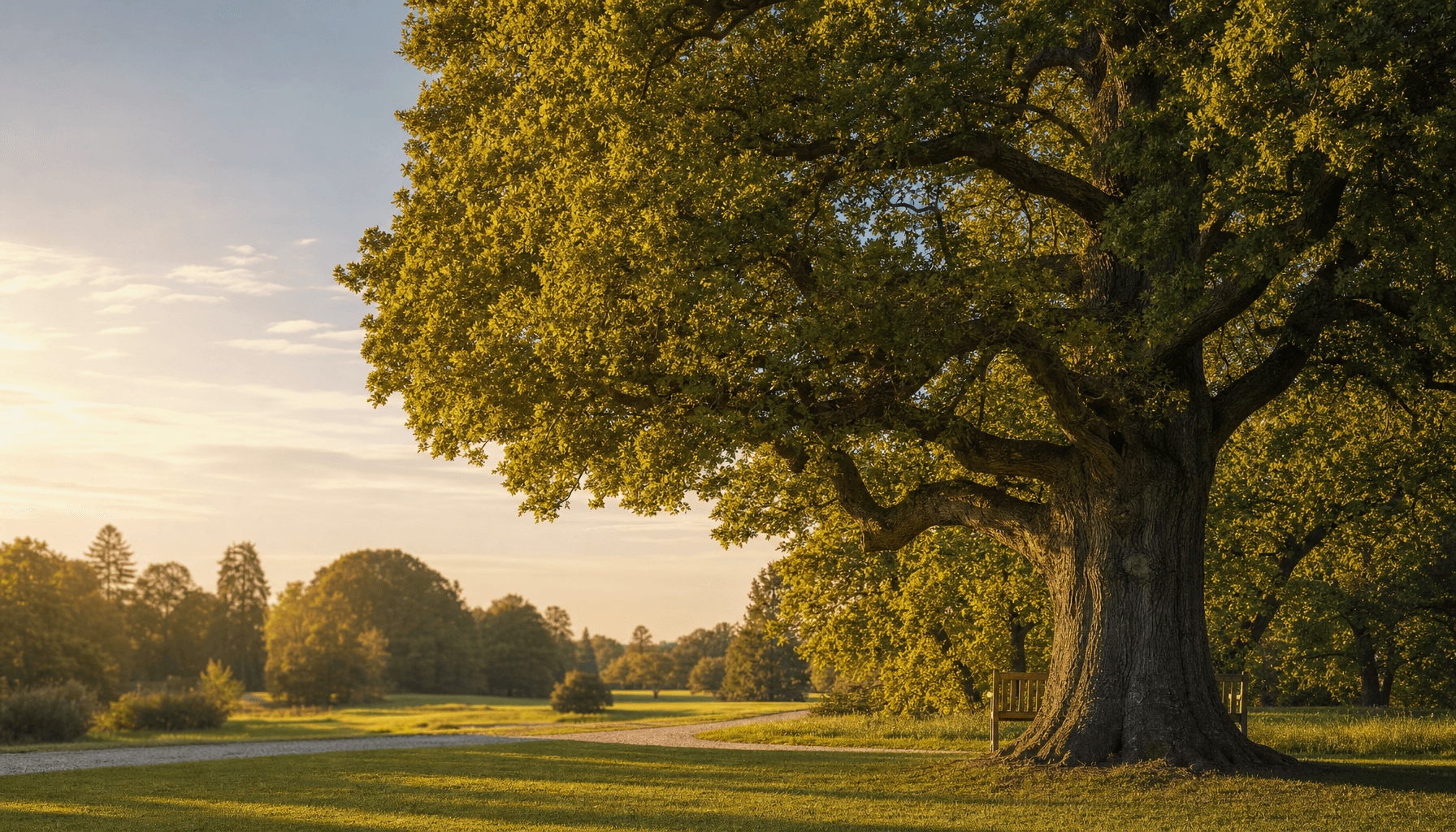 A magnificent oak tree in a sunlit public park
